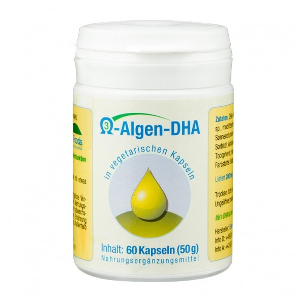 Vegetarian Omega3algaeDHA capsules, suitable for vegans.